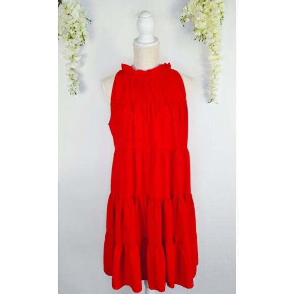 Pinch Tiered Halter Neck Dress Large Red Sleeveless Cottagecore Spring Summer - Picture 3 of 12